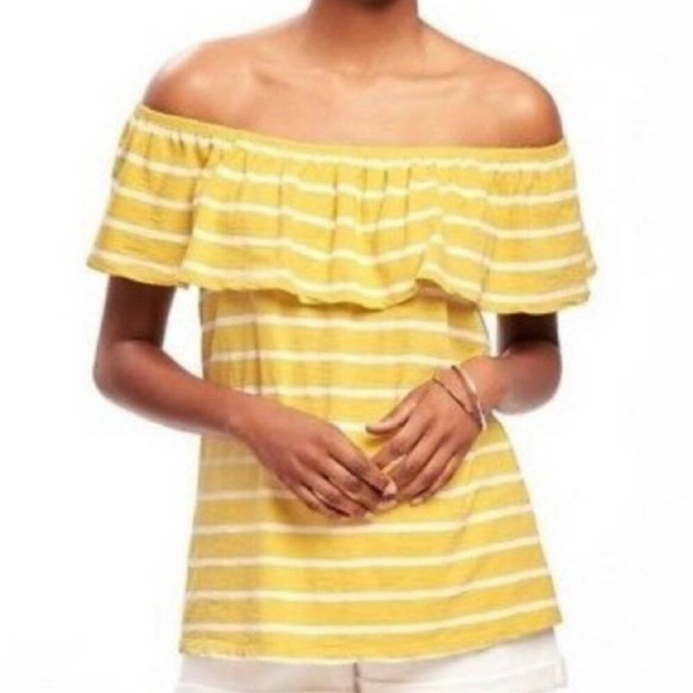 Old navy yellow striped off the shoulder top XS